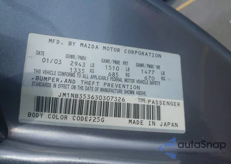 2003 Mazda Mx-5 Miata Ls из США, поврежденный, VIN JM1NB353630307326